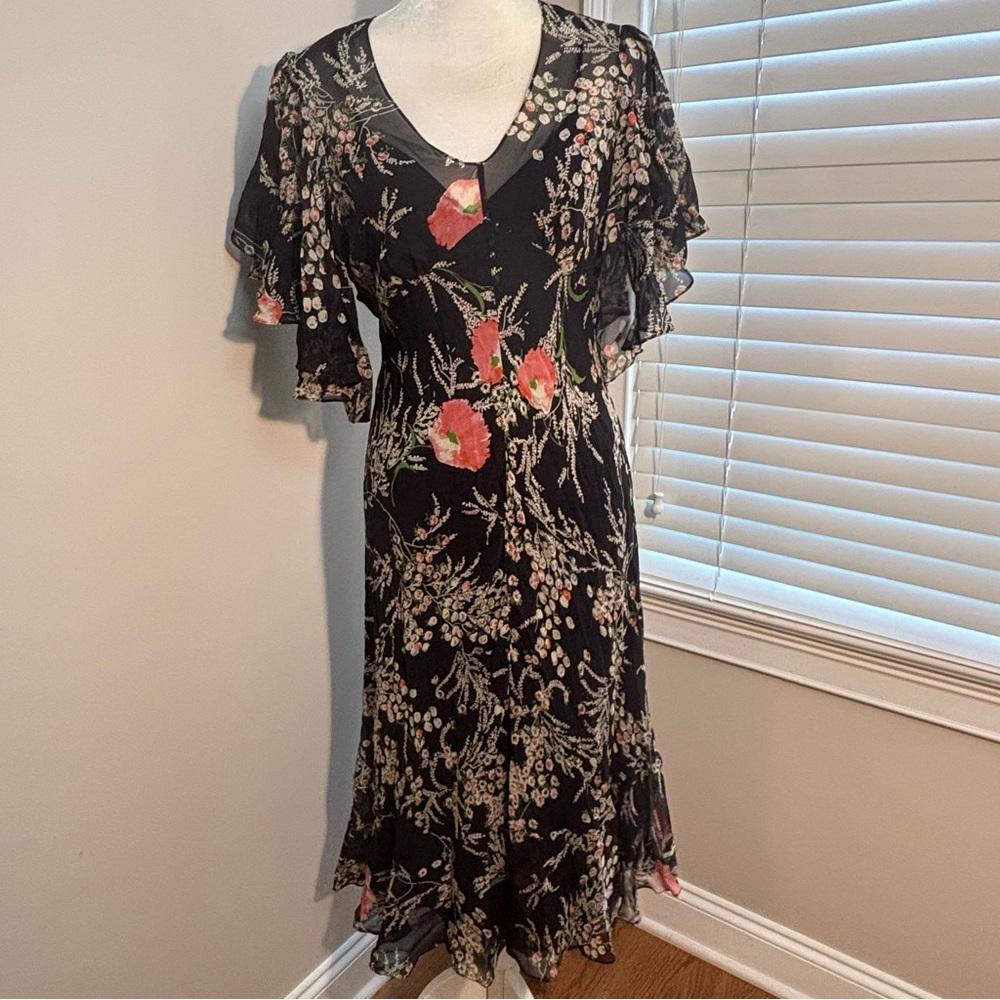 Anthropologie Black Floral Midi Dress with Pink/Coral Blooms